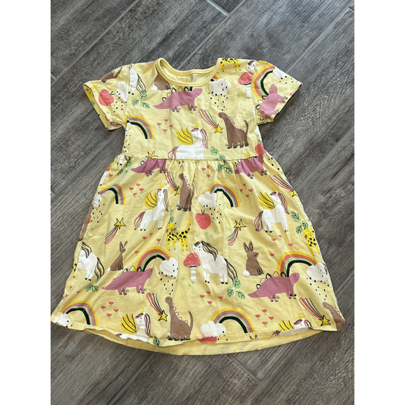 Girls Yellow Unicorn Dinosaur Rainbow Dress Cotton Playwear Cute Fun - Picture 1 of 3